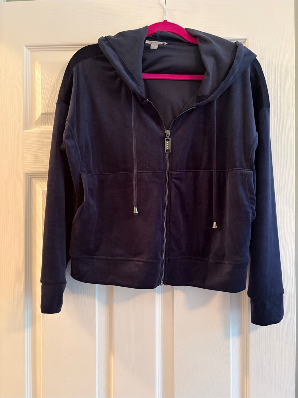 Cable & Gauge Navy Zip-Front Cropped Hooded Plush Jacket